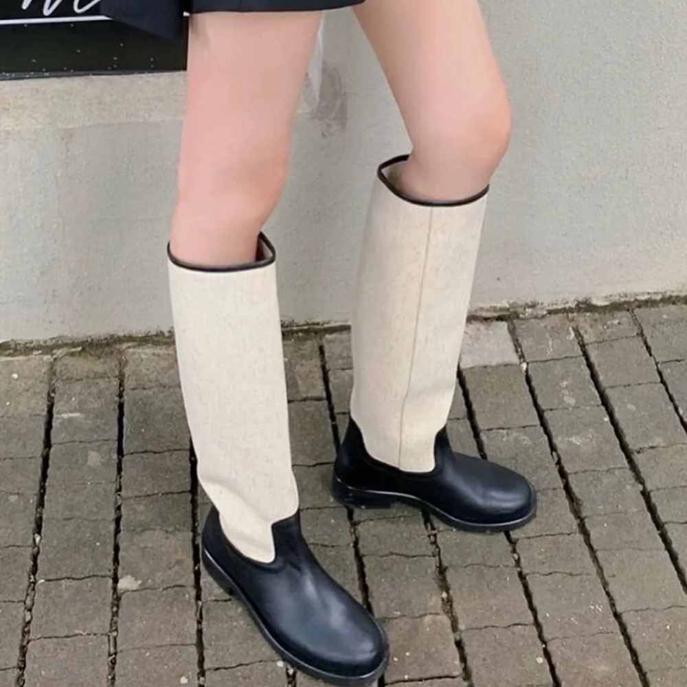 ZARA Combined Leather and Linen Knee High Boots Color block Size 7.5 / 38 RARE